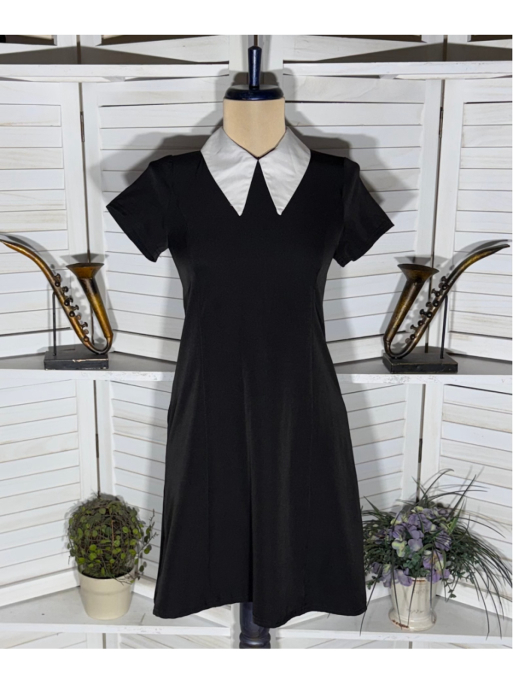 Vintage Y2K black dress Wednesday Addams white collar gothic Halloween cosplay S